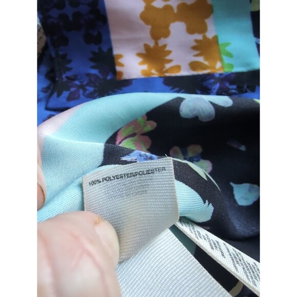 RACHEL ROY L Silky Kimono Blouse Blue & Gold Floral Button Up Collarless Top - Picture 8 of 12